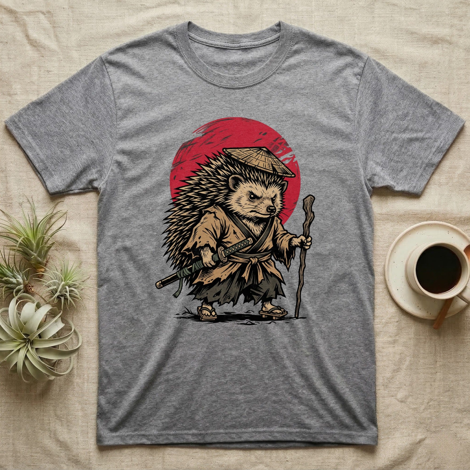 Samurai hedgehog with sword and staff in front of a red sun.