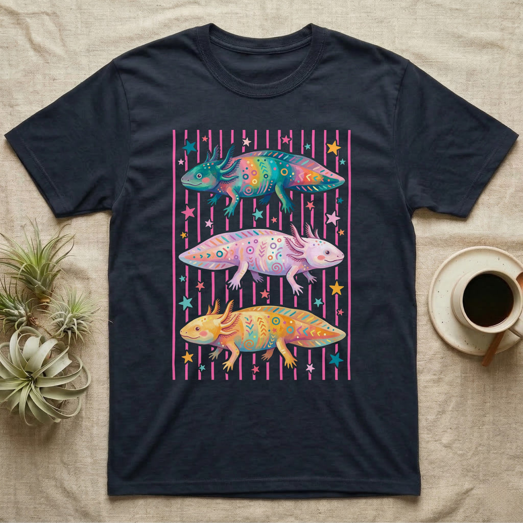 Axolotl Colourways Candy Stripe T-Shirt in Navy — Three gouache axolotls stacked in bands on pink candy stripes, facing left, right and left, with scattered stars