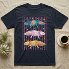 Axolotl Colourways Candy Stripe T-Shirt in Navy — Three gouache axolotls stacked in bands on pink candy stripes, facing left, right and left, with scattered stars