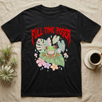Red-Eyed Tree Frog Feral T-Shirt in Black — Red-eyed tree frog on a leaf in a pastel jungle scene under a spiky red metal wordmark reading FULL-TIME POSER.