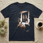 Frilled Lizard Dinosaur Mirror T-Shirt in Navy — Frilled lizard on a desk looking at a wall mirror reflecting a large frilled dinosaur with its frill flared.