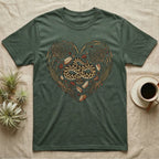 Green t-shirt with heart-shaped snake and natural elements design.