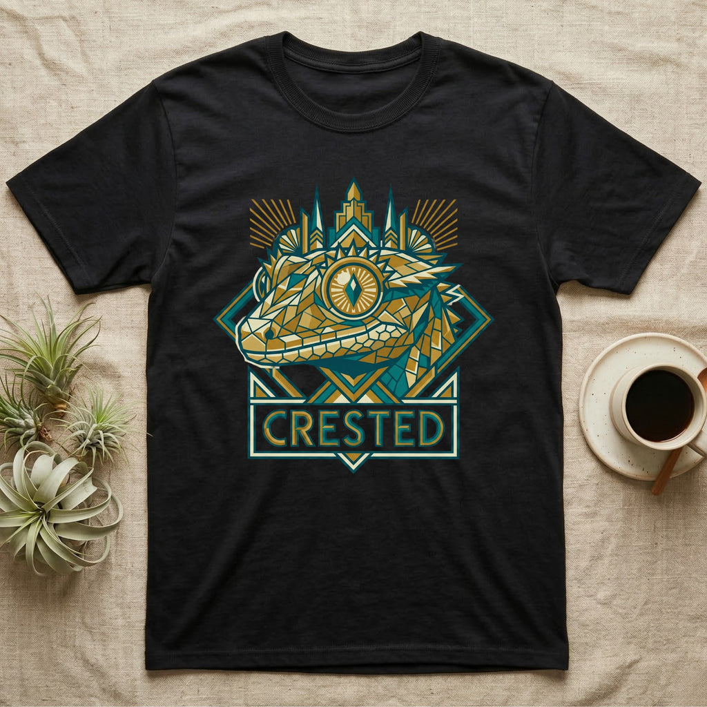 Black t-shirt featuring a geometric crested gecko design with "CRESTED" text.