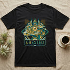 Black t-shirt featuring a geometric crested gecko design with "CRESTED" text.