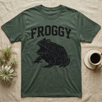 Pacman Frog Froggy T-Shirt in Military Green — Worn one-ink print of a round pacman frog puffed up with its mouth gaped wide, under the arched word FROGGY