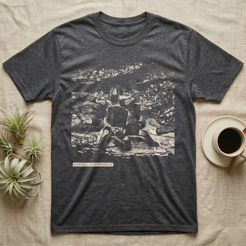 In Premolt Tarantula T-Shirt in Dark Heather — Dark macro illustration of a tarantula curled in its hide with a small tag reading "In Premolt, Do Not Perceive Me."