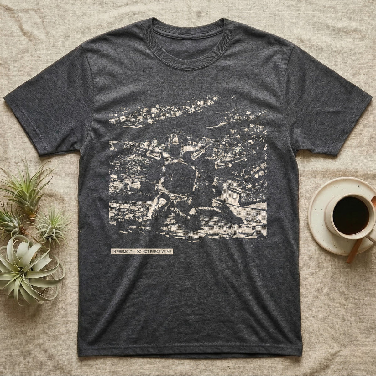 In Premolt Tarantula T-Shirt in Dark Heather — Dark macro illustration of a tarantula curled in its hide with a small tag reading "In Premolt, Do Not Perceive Me."