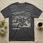 In Premolt Tarantula T-Shirt in Dark Heather — Dark macro illustration of a tarantula curled in its hide with a small tag reading "In Premolt, Do Not Perceive Me."