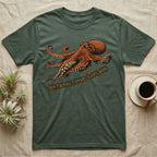 Green t-shirt with an orange octopus graphic and "Enteroctopus Dofleini" text.