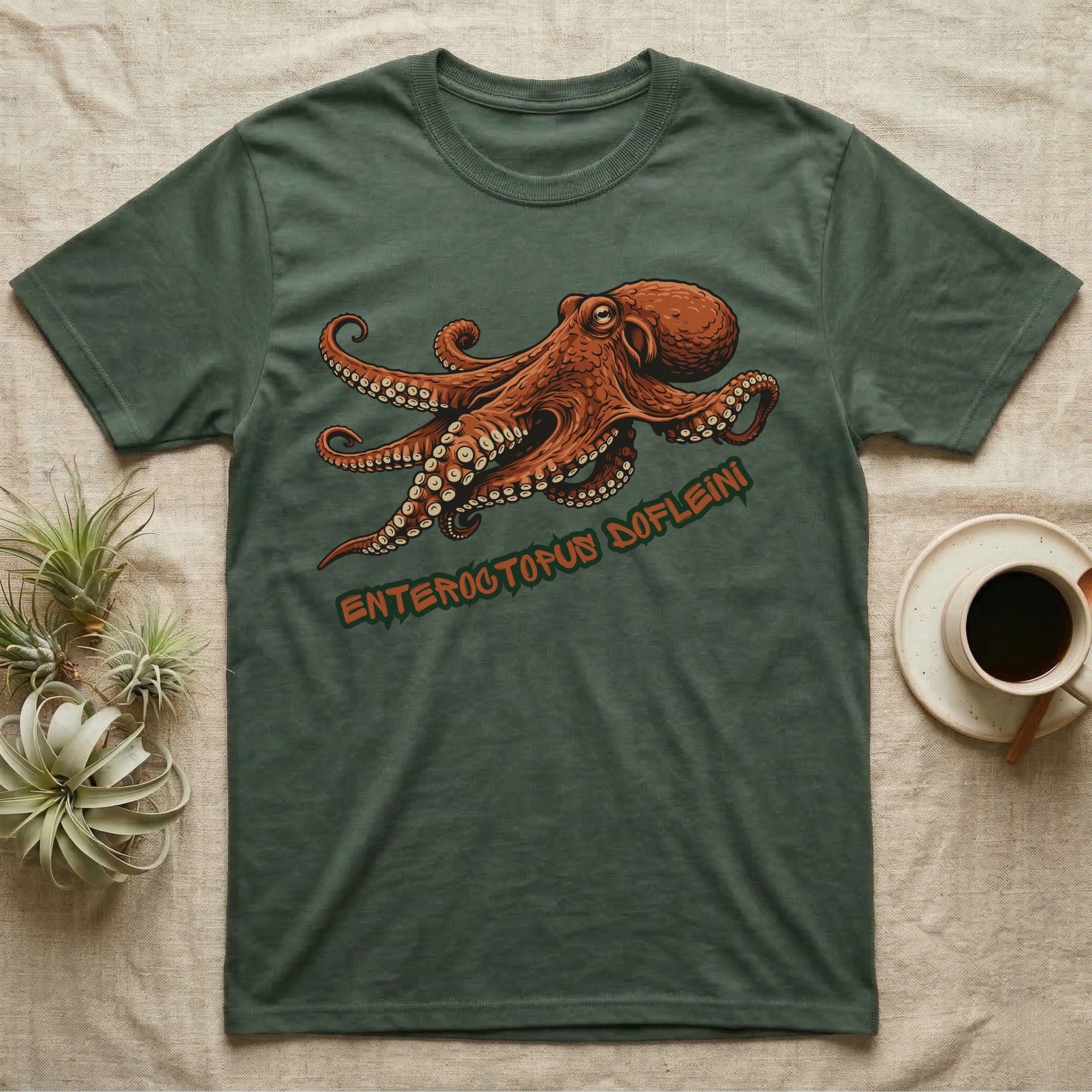 Green t-shirt with an orange octopus graphic and "Enteroctopus Dofleini" text.