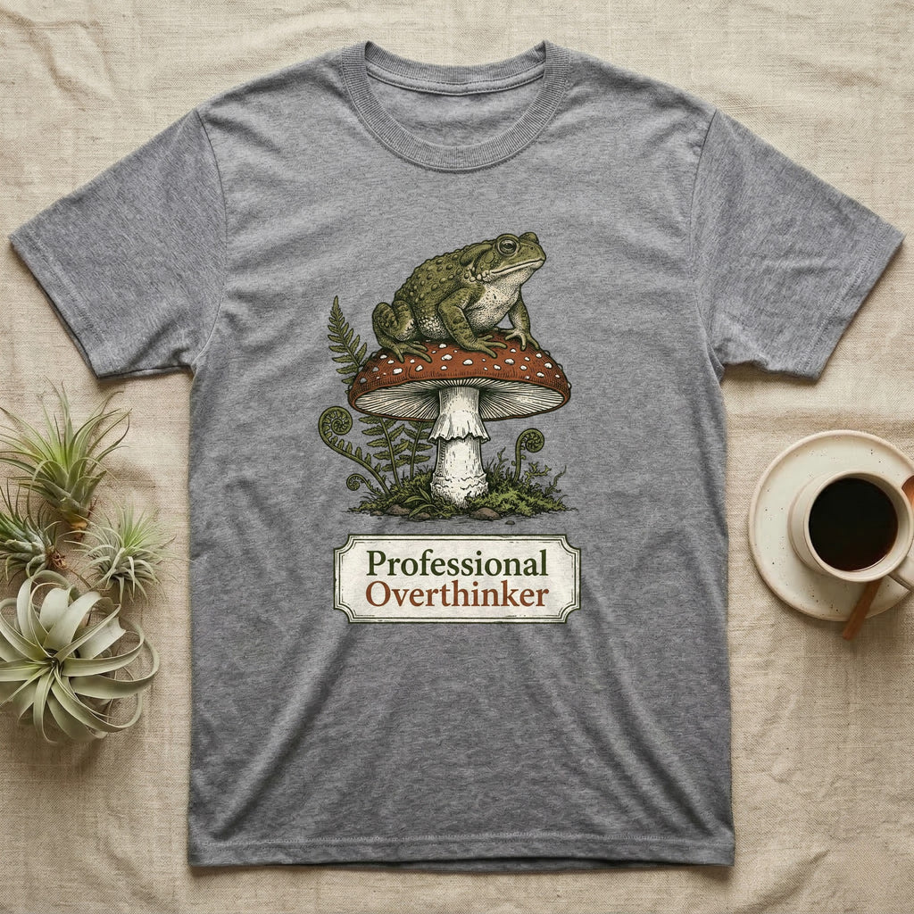 Grey t-shirt with a toad sitting on a mushroom, text reads "Professional Overthinker".