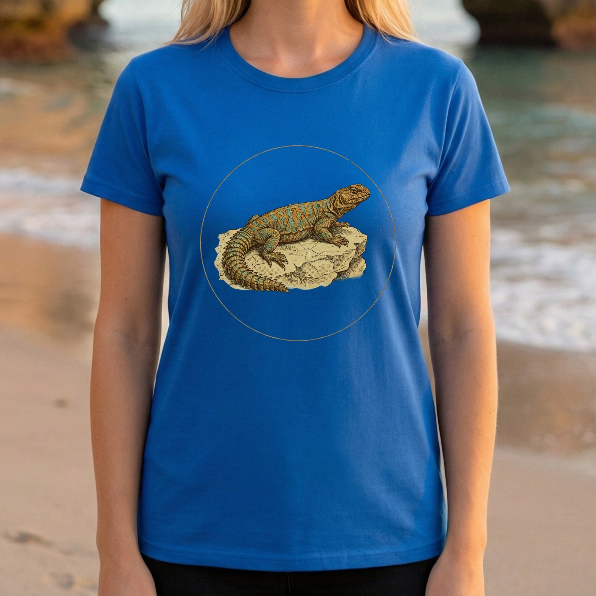 Vibrant Blue Shirt with Realistic Lizard Illustration