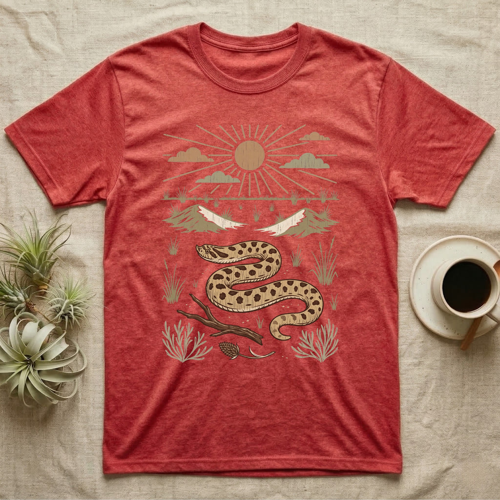 Western Hognose Home Range T-Shirt in Heather Red — Woodcut-style illustration of a western hognose snake nosing through sand with dunes and sagebrush behind, no on-shirt text.
