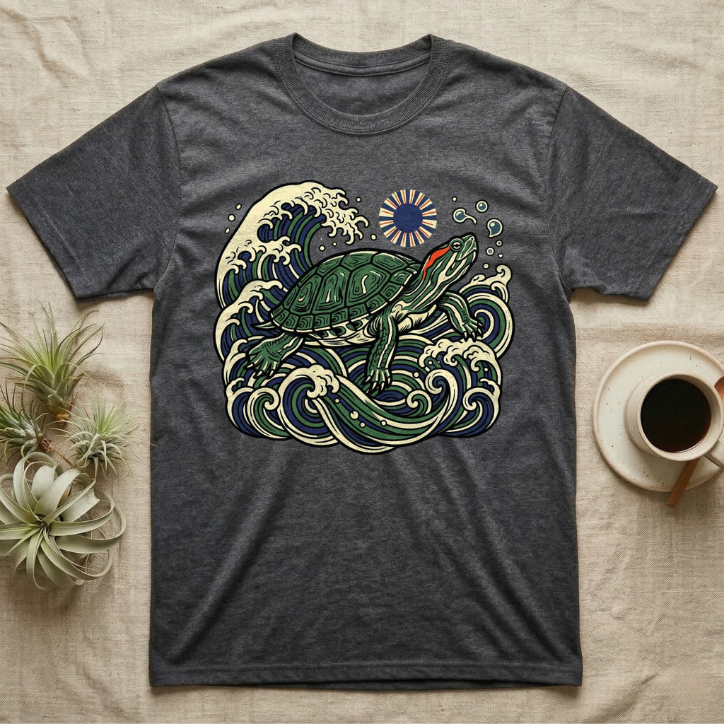 Dark grey t-shirt featuring a Japanese-style illustration of a sea turtle in waves.