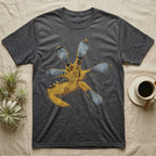 Macro illustration of a gecko's forefoot from underneath, ribbed blue-grey lamellae toe pads fanned against amber-gold scale texture, no on-shirt text. — shown on a Dark Heather tee.