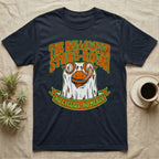 Crested Gecko Halloween Stare-Down T-Shirt in Navy — Retro-horror crested gecko in a ghost sheet licking its eye, "The Halloween Stare-Down, No Eyelids No Mercy."