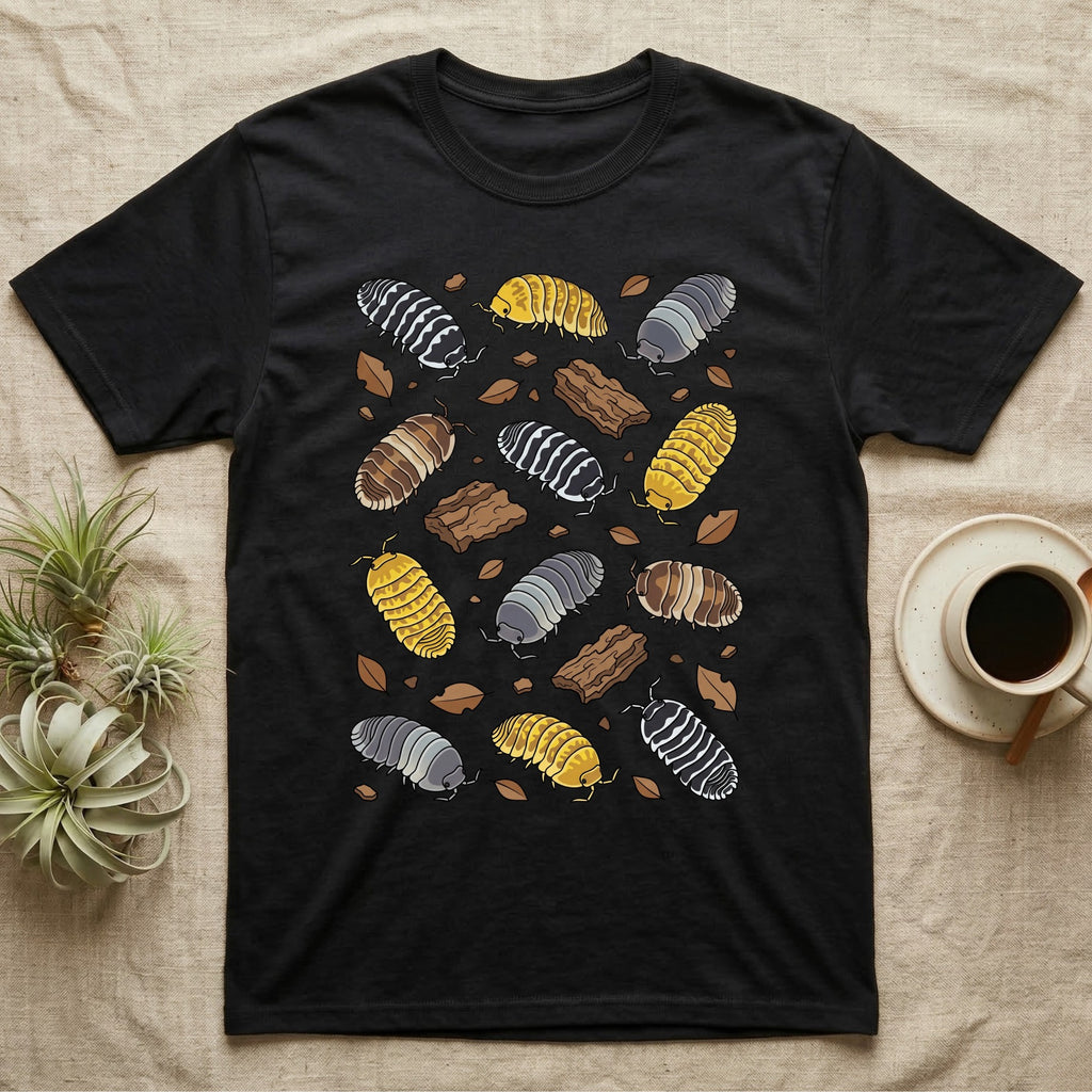 Cubaris Isopod Morphs T-Shirt in Black — Vector illustration of scattered Cubaris isopod morphs including Panda King, Jupiter, Cappuccino and Zebra on grey.