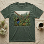 Dart Frog Bioactive Vivarium T-Shirt in Military Green — Illustrated panel of a cobalt dart frog in a layered planted vivarium, leaves crossing the inked border.