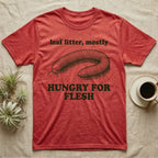 Millipede Flesh Eater T-Shirt in Heather Red — Engraved giant African millipede lying in a horseshoe curve between the words leaf litter, mostly and HUNGRY FOR FLESH.