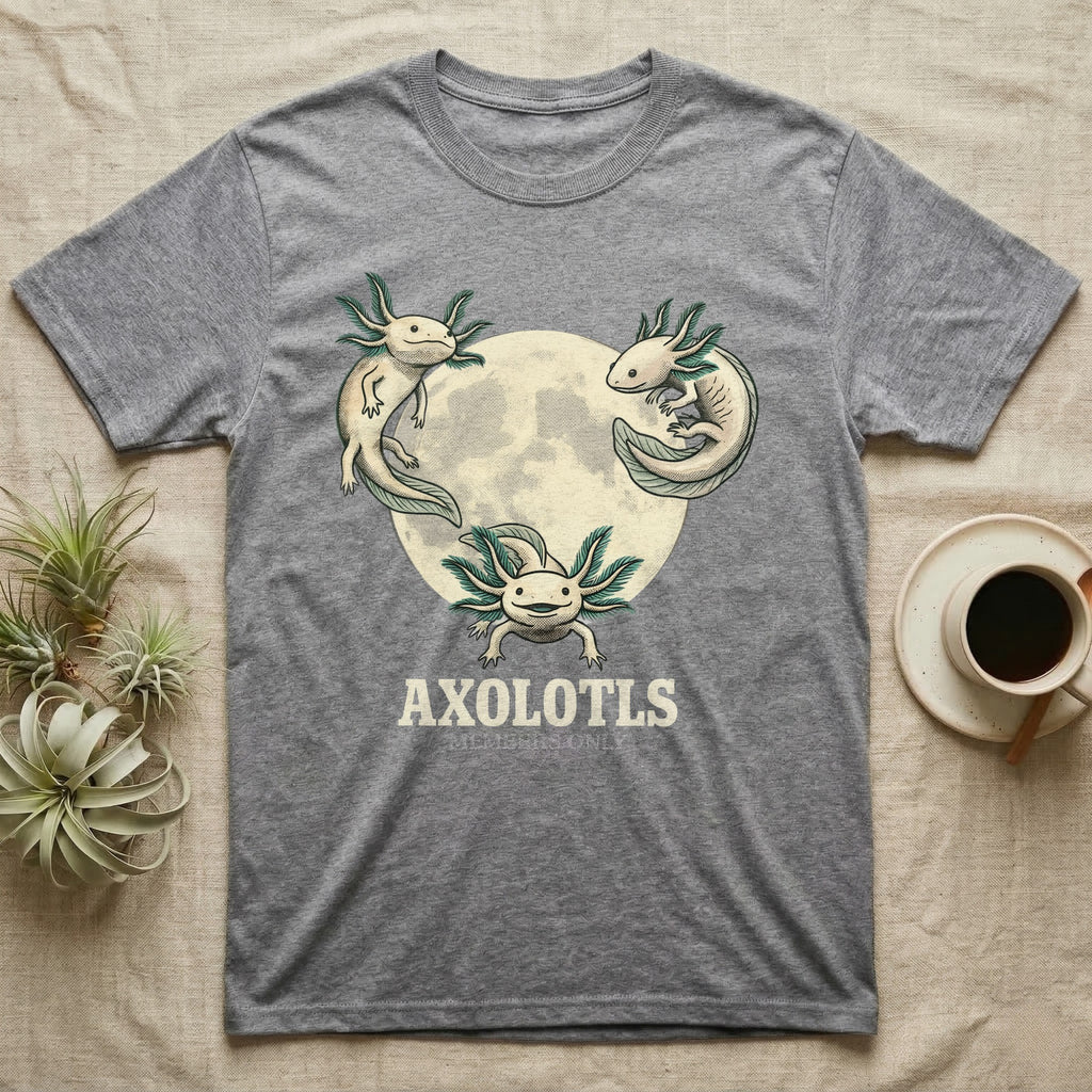 Three Axolotl Moon Tee in Sport Grey — Retro-illustration of three smiling axolotls with feathery gill plumes arranged around a stratified halftone full moon.