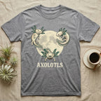 Three Axolotl Moon Tee in Sport Grey — Retro-illustration of three smiling axolotls with feathery gill plumes arranged around a stratified halftone full moon.