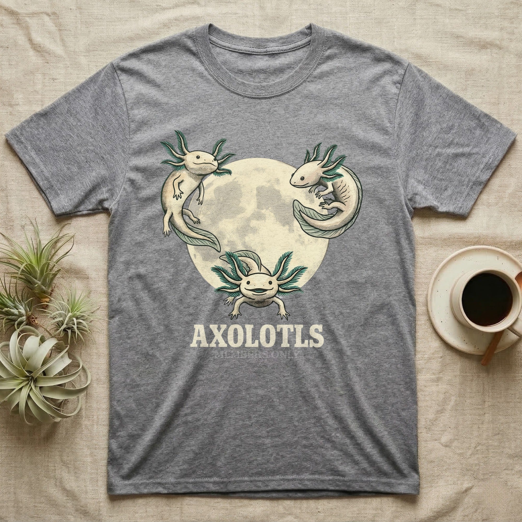 Three Axolotl Moon Tee in Sport Grey — Retro-illustration of three smiling axolotls with feathery gill plumes arranged around a stratified halftone full moon.