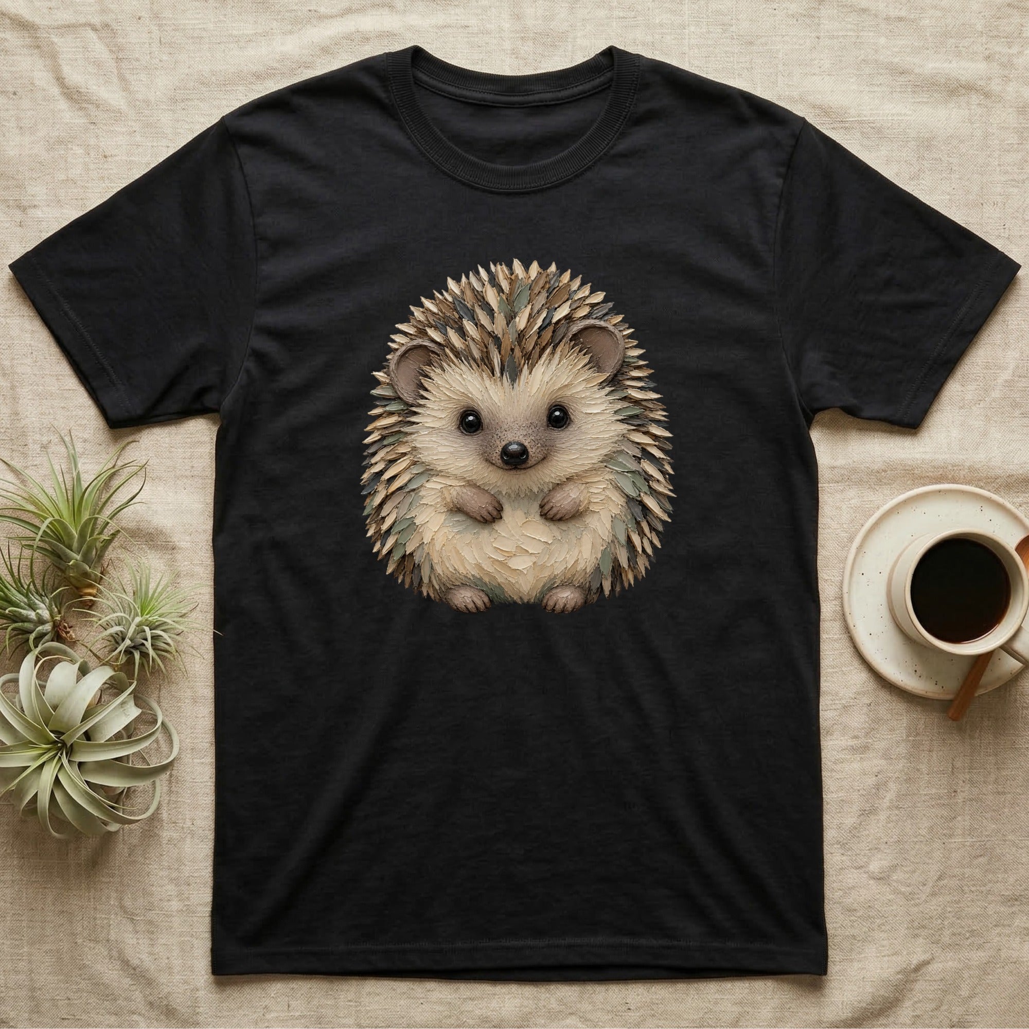 Black t-shirt with a watercolor illustration of a cute hedgehog.