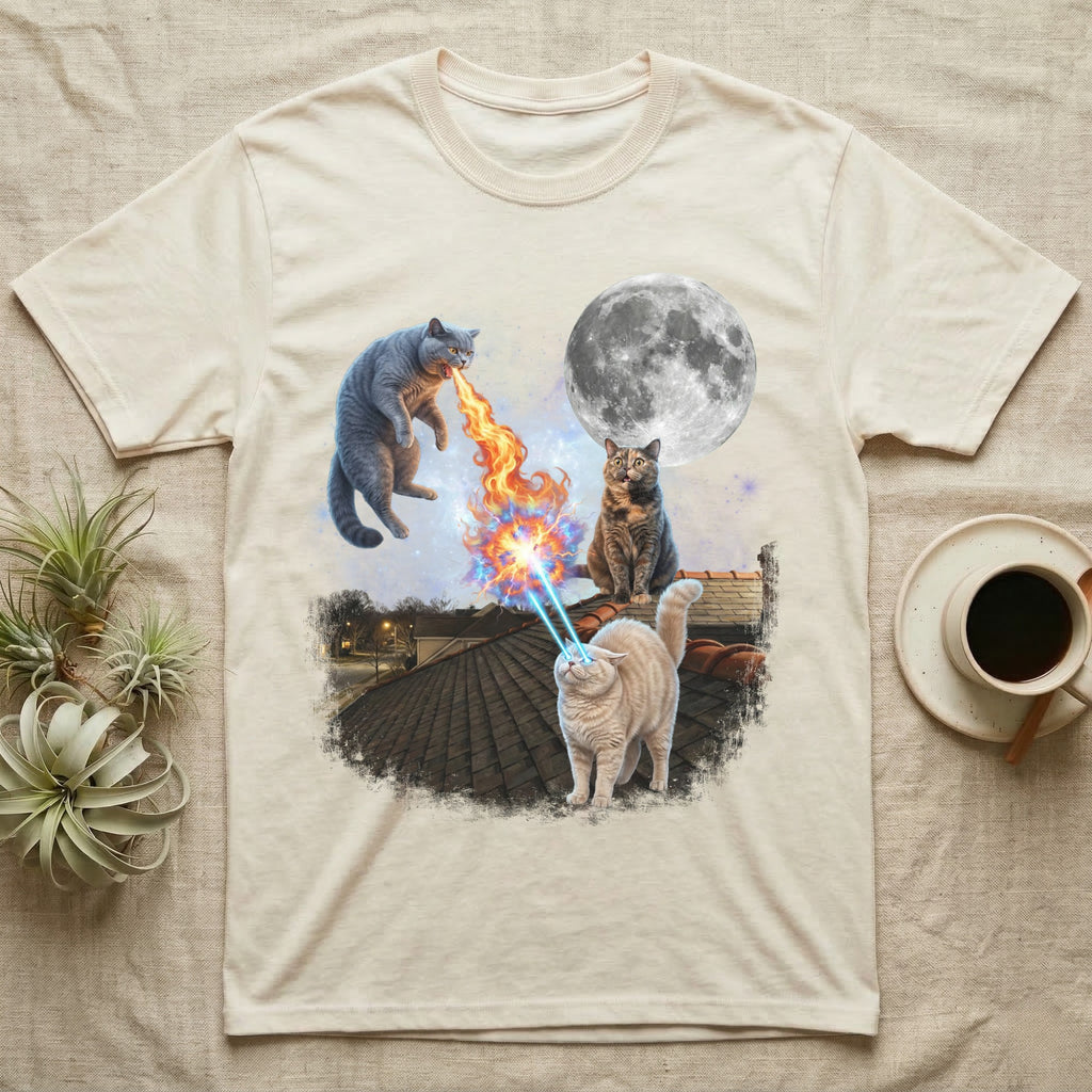 Cats breathing fire and lasers at the moon on a rooftop.