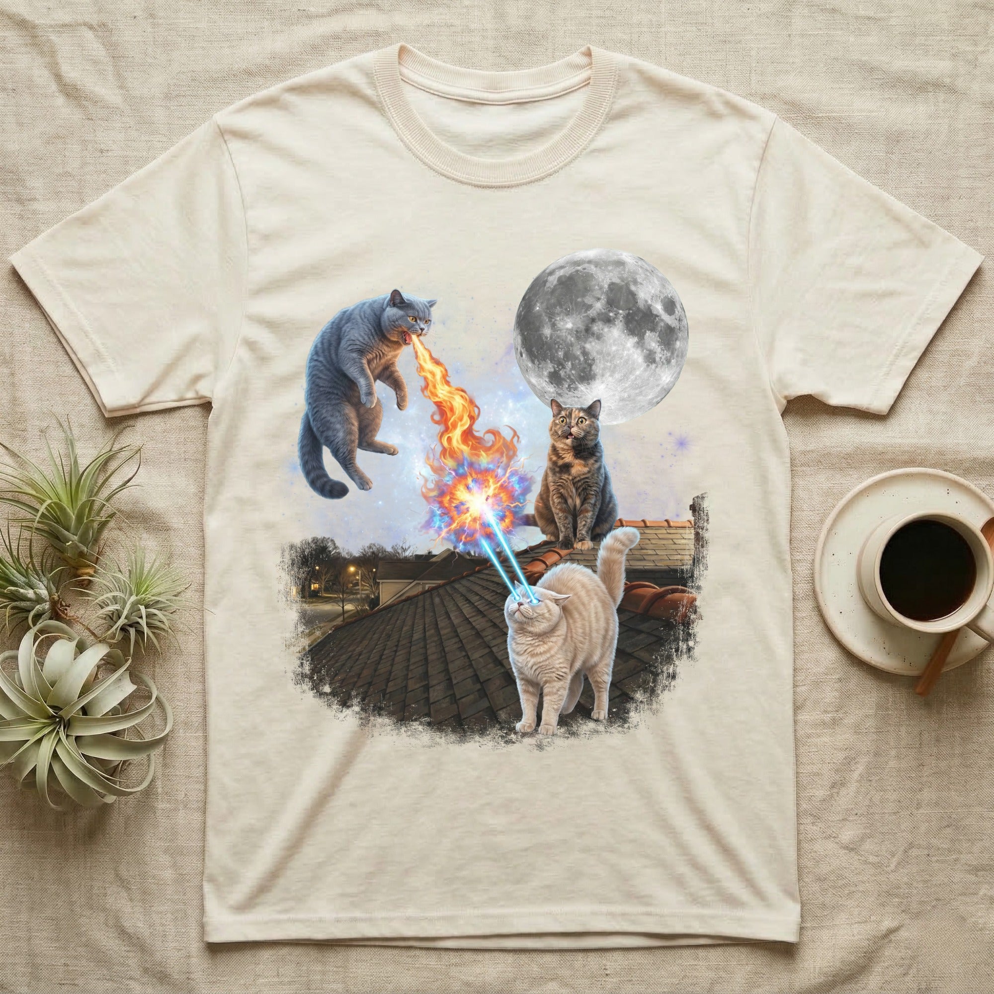 Cats breathing fire and lasers at the moon on a rooftop.