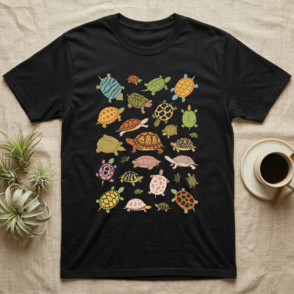 Box Turtle Specimen Plate T-Shirt in Black — Twenty-five turtles and tortoises painted flat in chalky colour, scattered across grey, each facing a different way.