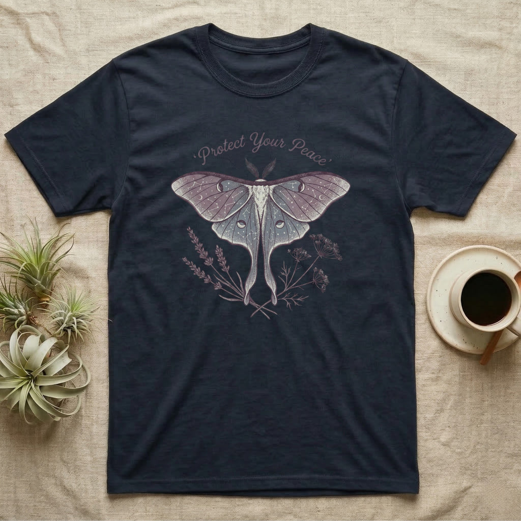 Dark blue t-shirt with "Protect Your Peace" and luna moth illustration.