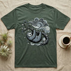 Green t-shirt with a graphic of a sloth hanging from a tree branch with swirling clouds.