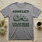 Hognose Conflict T-Shirt in Sport Grey — Engraved western hognose snake twisted over and playing dead with its tongue out, between the words CONFLICT and I PLAY DEAD UNTIL IT PASSES.