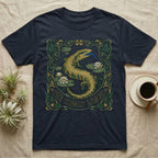 Dark t-shirt featuring a golden lizard in an art nouveau floral border with "The Cobalt Lizard" text.
