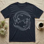 Axolotl Pair Roundel T-Shirt in Navy — Fine-line drawing of two axolotls in a rotational roundel, heads meeting over a small spiral on grey