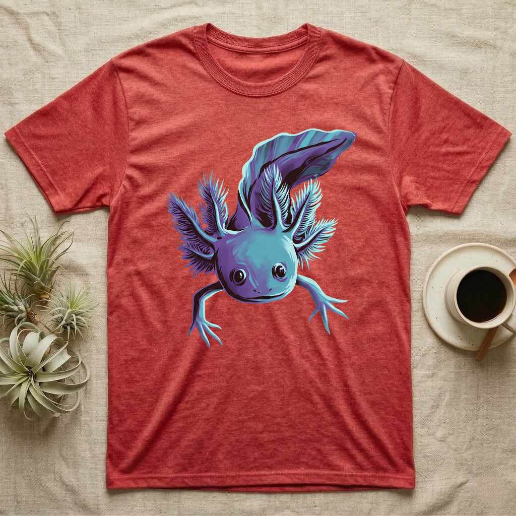 Neon cyan and purple illustration of a floating axolotl with spread gill plumes in a glowing bioluminescent style, no on-shirt text. — shown on a Heather Red tee.