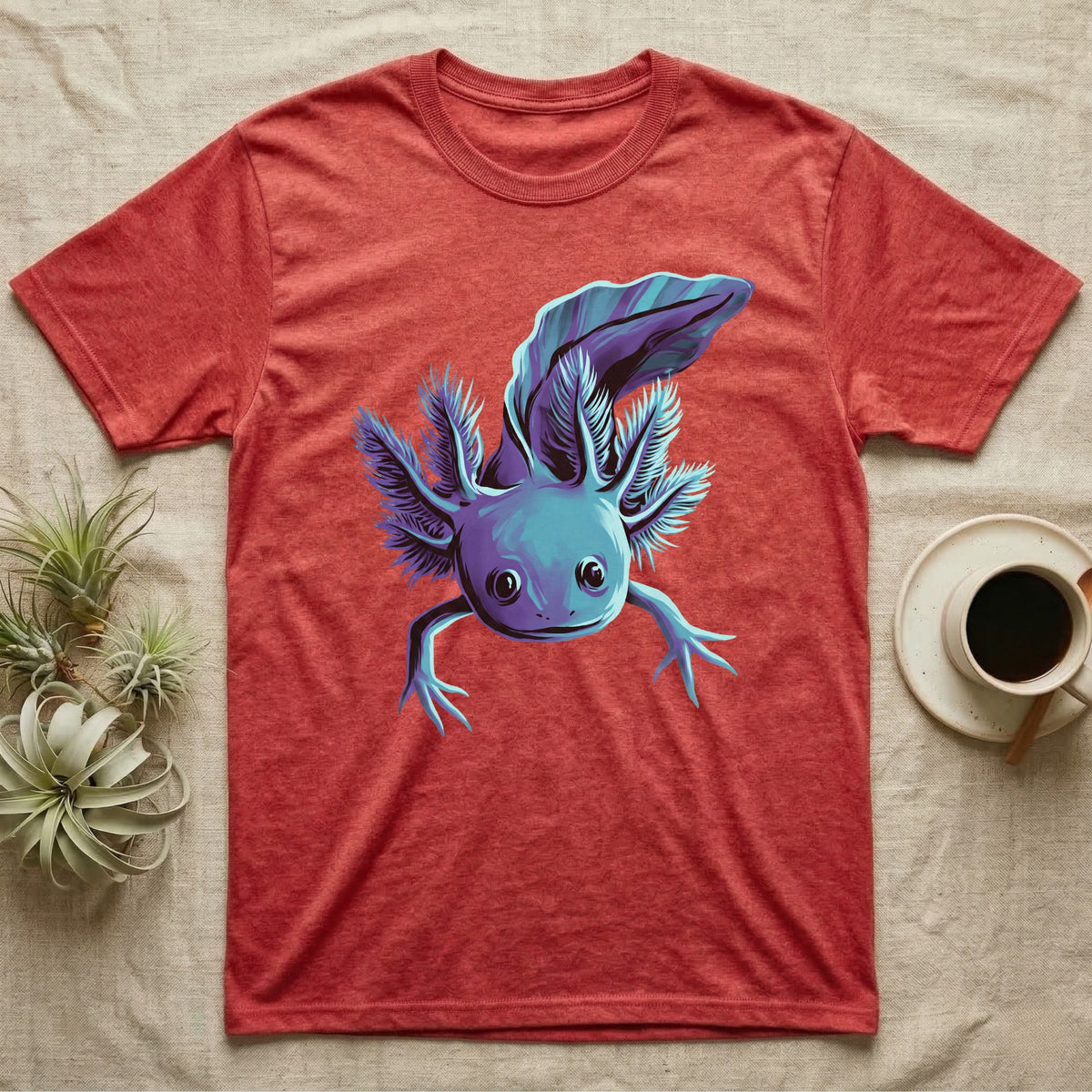 Neon cyan and purple illustration of a floating axolotl with spread gill plumes in a glowing bioluminescent style, no on-shirt text. — shown on a Heather Red tee.