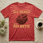 Bearded Dragon Bluff T-Shirt in Heather Red — Engraved bearded dragon with a puffed dark beard and open mouth under sand lettering reading ALL BEARD and NO BITE