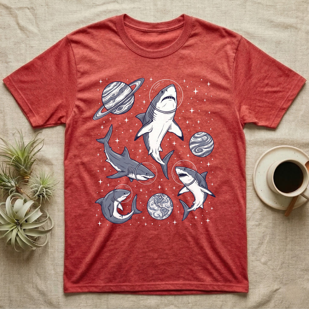Red t-shirt with cartoon astronauts in space and planets.
