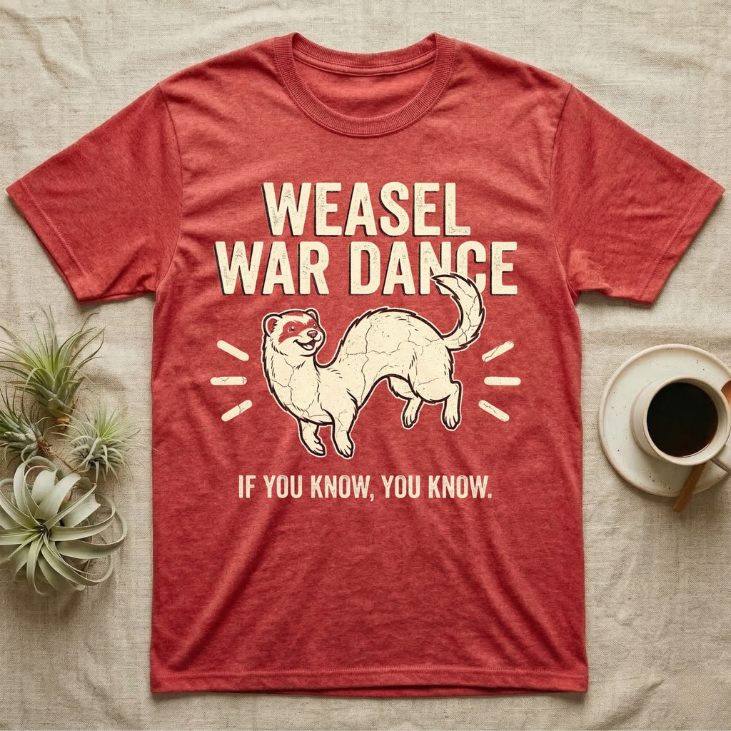Weasel War Dance Ferret Tee in Heather Red — Grunge-distressed ferret mid-war-dance in S-curve bounce with stacked type "Weasel War Dance / If You Know."