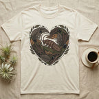Cream t-shirt with heart-shaped nature design featuring a cockroach.