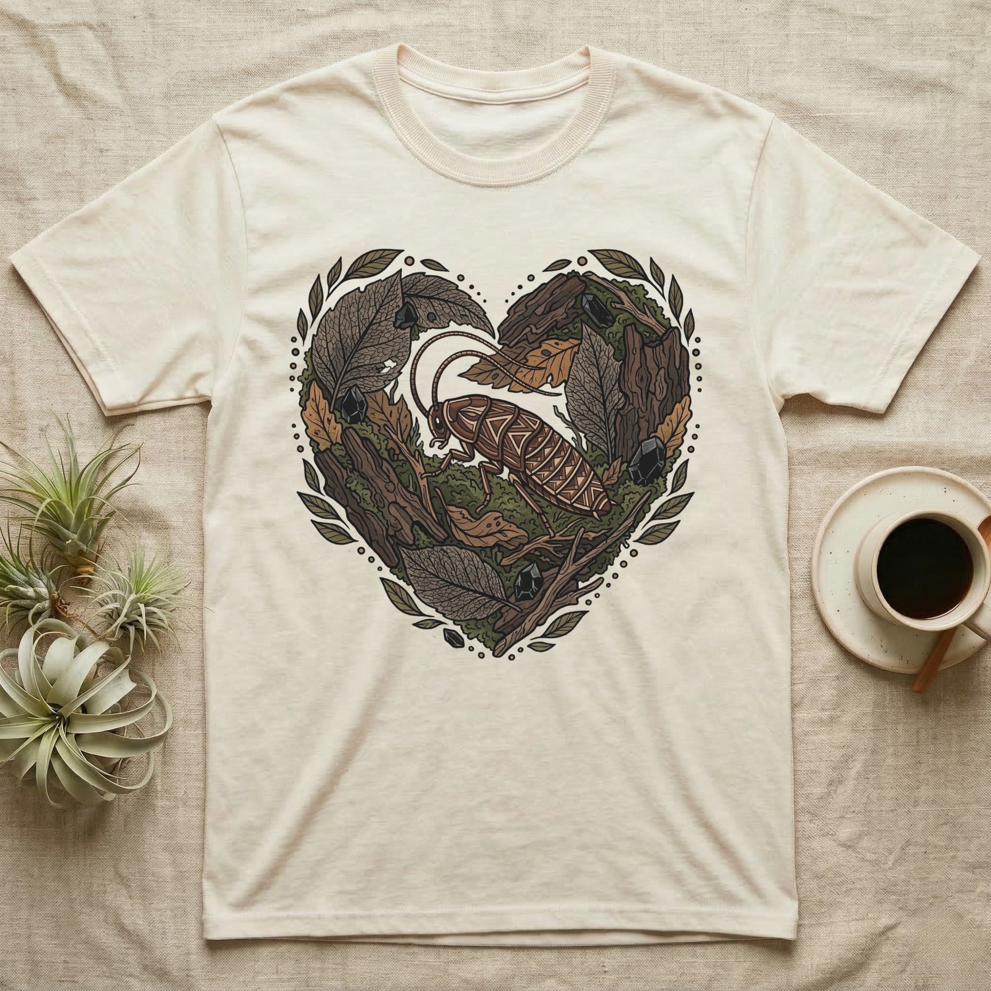 Cream t-shirt with heart-shaped nature design featuring a cockroach.