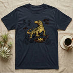 Dark t-shirt with yellow Komodo dragon and eggs design and Asian script.