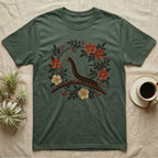 Vietnamese Centipede Botanical T-Shirt in Military Green — Vietnamese giant centipede painted in matte oil, in profile on a branch inside an oval bower of flowering bramble.