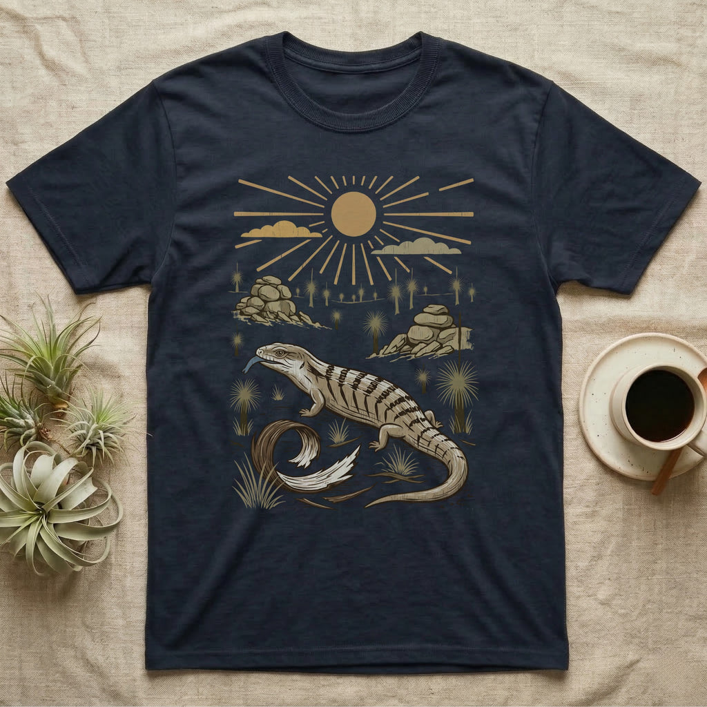 Blue-Tongued Skink Home Range T-Shirt in Navy — Woodcut-style illustration of a blue-tongued skink walking across bare soil with its tongue out, shed skin and grass trees behind, no on-shirt text.