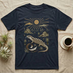 Blue-Tongued Skink Home Range T-Shirt in Navy — Woodcut-style illustration of a blue-tongued skink walking across bare soil with its tongue out, shed skin and grass trees behind, no on-shirt text.
