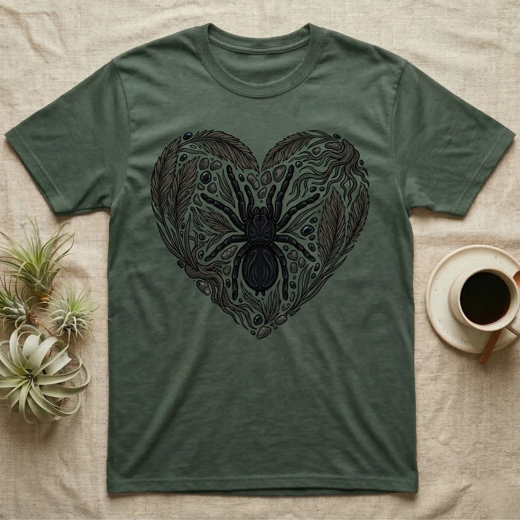 Dark green t-shirt with a spider and leaf heart design.