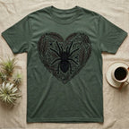Dark green t-shirt with a spider and leaf heart design.