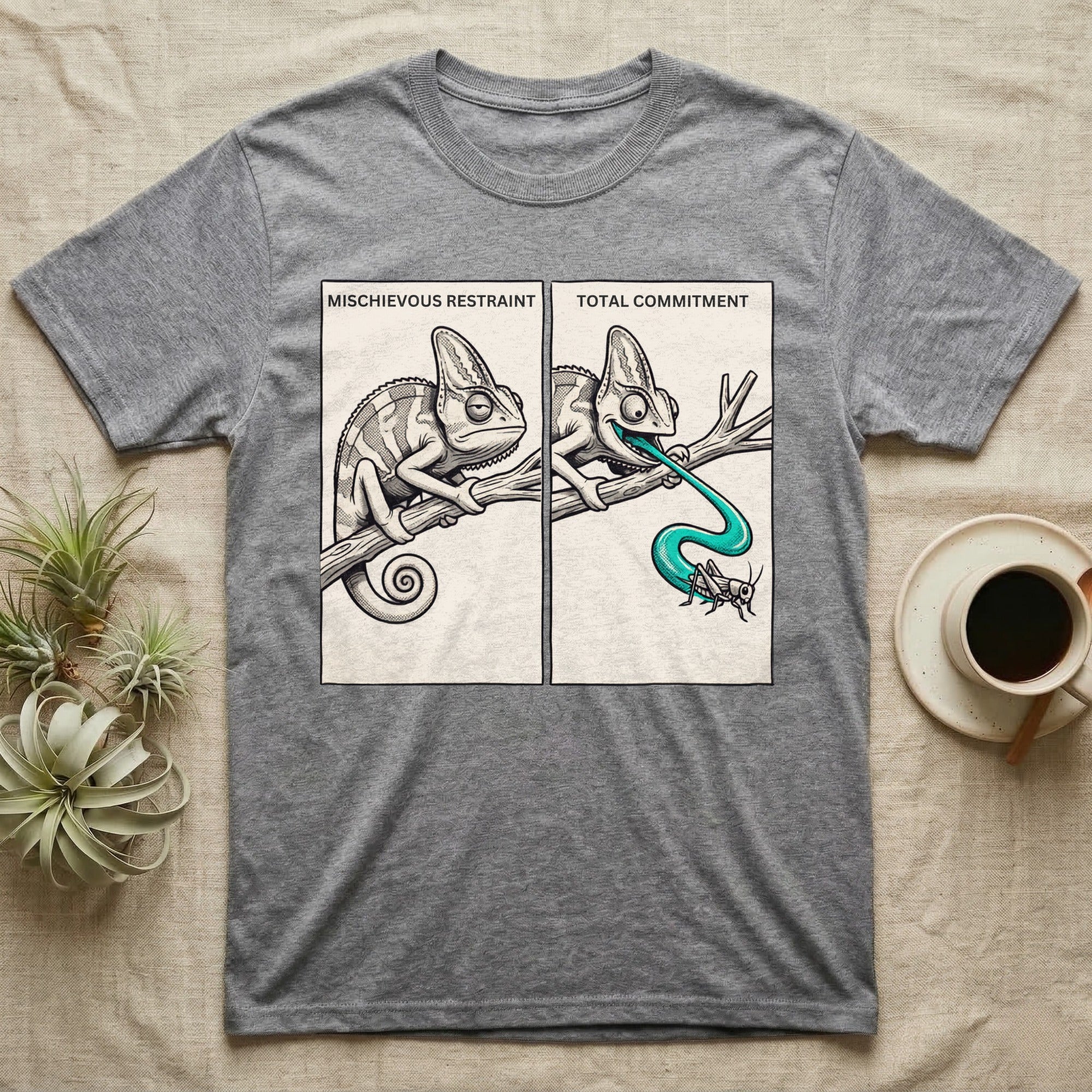 Veiled Chameleon Diet T-Shirt in Sport Grey — Two-panel vector illustration of a veiled chameleon, calm on the left and tongue mid-strike on the right.