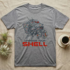 Gray t-shirt with graphic of a crab-like mechanical suit and text "UPGRADE YOUR SHELL".